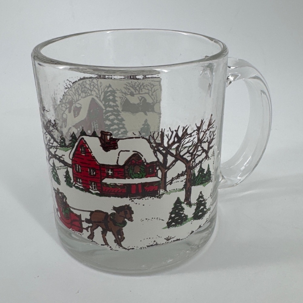 Libbey Winter Scene Glass Coffee Mug Clear Red Sleigh Farmhouse Holiday